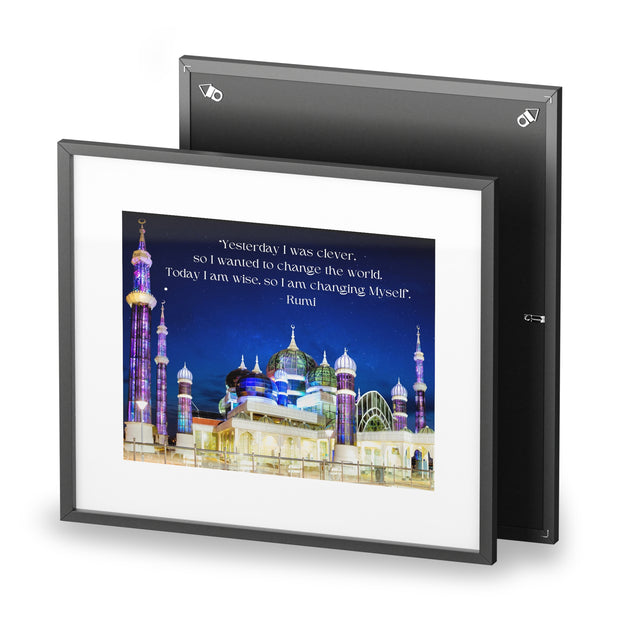  Beautiful Crystal Mosque Malaysia with Wise quote of Rumi  Islamic Canvas and Giftware  14″ x 11″ (Horizontal) / Black Frame / Matte-15" x 10" (Horizontal) / Black Frame / Matte-16″ x 12″ (Horizontal) / Black Frame / Matte