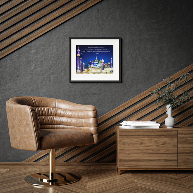  Beautiful Crystal Mosque Malaysia with Wise quote of Rumi  Islamic Canvas and Giftware  14″ x 11″ (Horizontal) / Black Frame / Matte-15" x 10" (Horizontal) / Black Frame / Matte-16″ x 12″ (Horizontal) / Black Frame / Matte