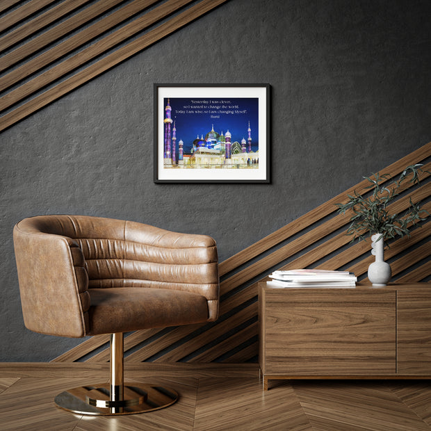  Beautiful Crystal Mosque Malaysia with Wise quote of Rumi  Islamic Canvas and Giftware  14″ x 11″ (Horizontal) / Black Frame / Matte-15" x 10" (Horizontal) / Black Frame / Matte-16″ x 12″ (Horizontal) / Black Frame / Matte