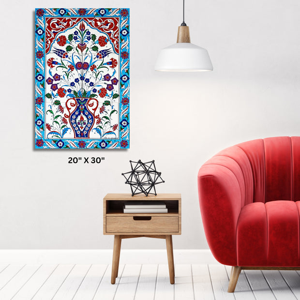 Turkish Ottoman inspired textile Stretched Canvas  with Aqua and Red floral design