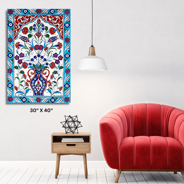 Turkish Ottoman inspired textile Stretched Canvas  with Aqua and Red floral design