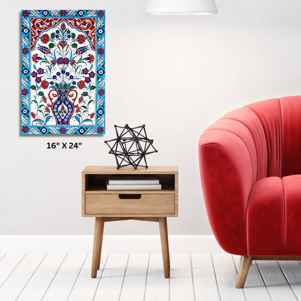 Turkish Ottoman inspired textile Stretched Canvas  with Aqua and Red floral design