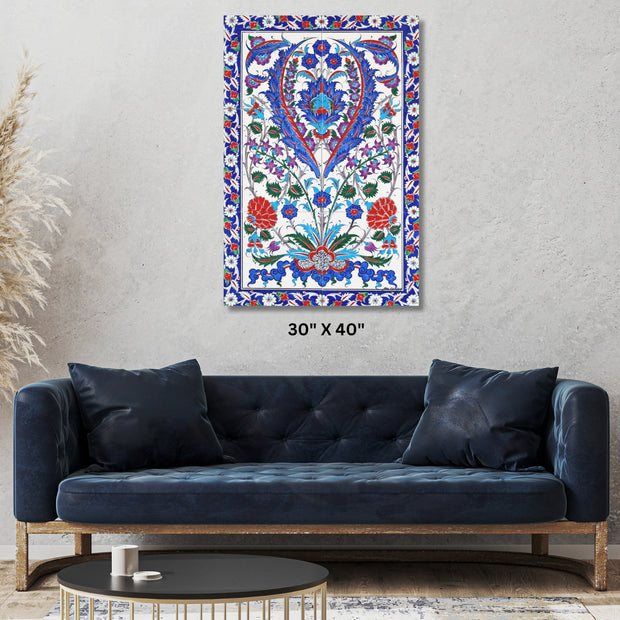 Ottoman textile inspired Stretched Canvas  with blue, purple and red floral design