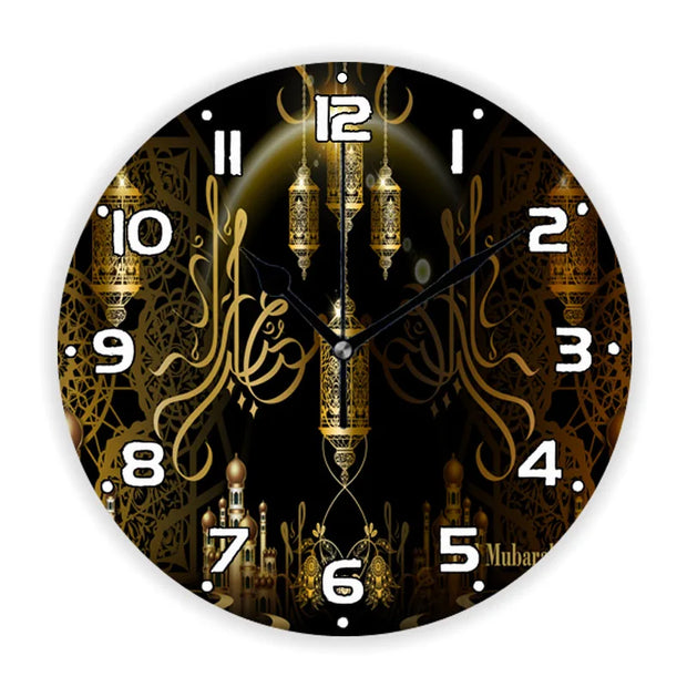Luxury Golden Eid Mubarak Mosques and Fanoos Lanterns Wall Clock