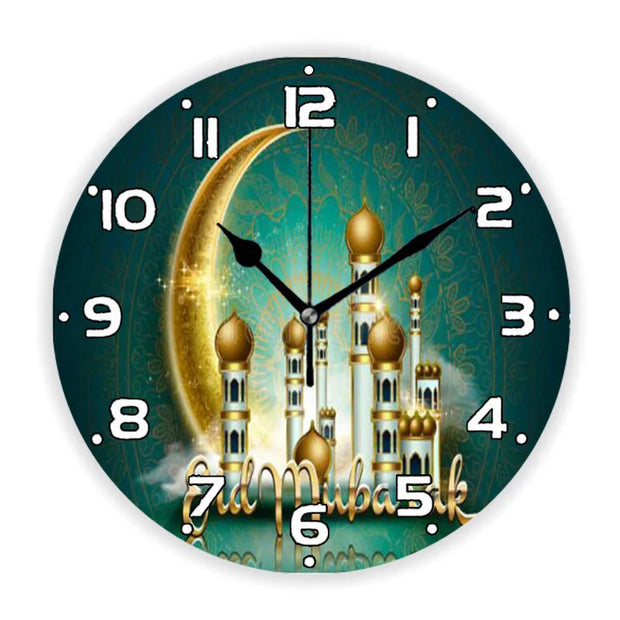 Luxury Golden Eid Mubarak Mosques and Fanoos Lanterns Wall Clock