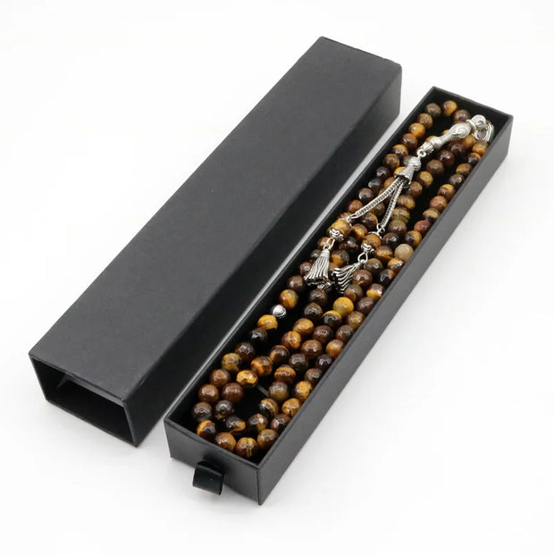 99 Tasbeeh Natural Tiger Eye Stone 8mm Beads Tasbih Islamic  Worship Tassel Allah  Box Packaging
