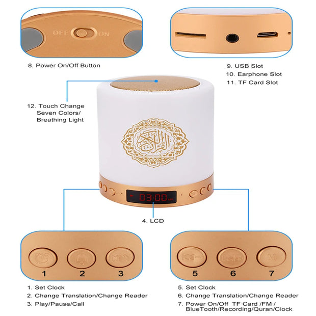 Bright Quran Azan  Koran Bluetooth Speaker Portable Night Light Holy Lamp Sound Box  Wireless  Mp3