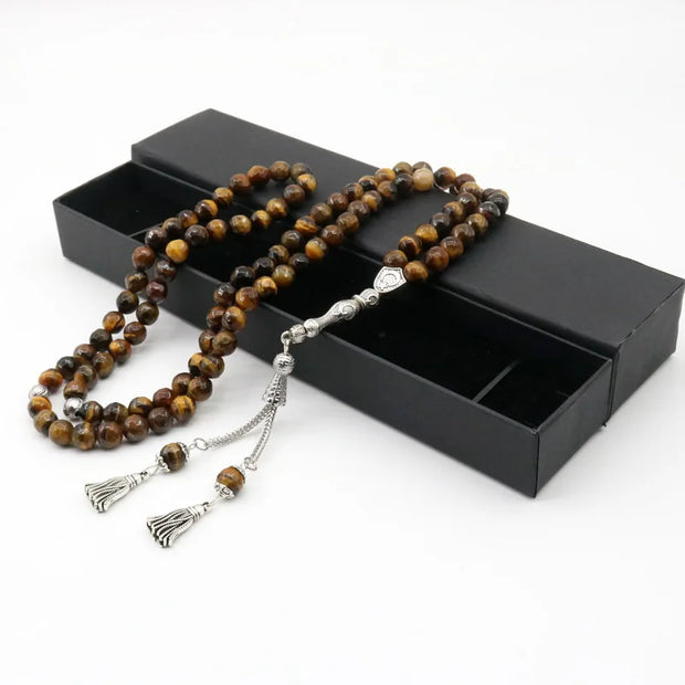 99 Tasbeeh Natural Tiger Eye Stone 8mm Beads Tasbih Islamic  Worship Tassel Allah  Box Packaging