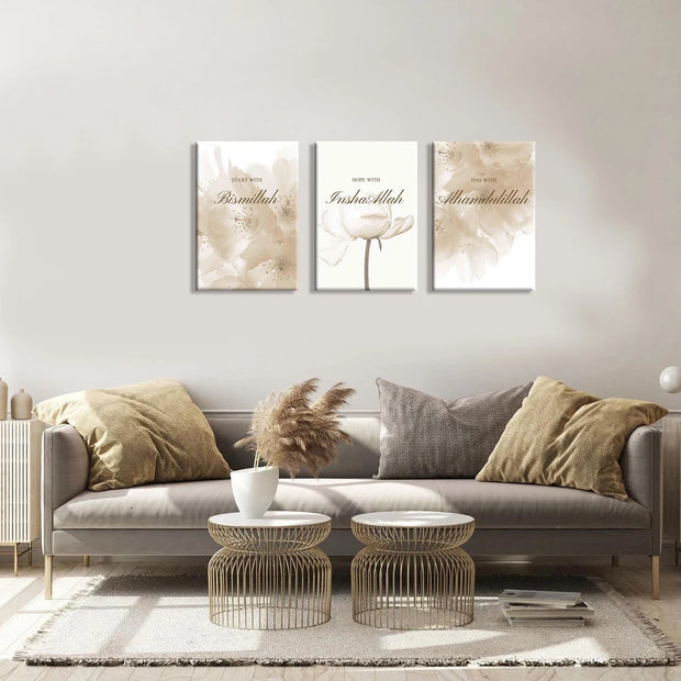 3pcs Framed Islamic Canvas Print Alhamdulillah Ayatul Kursi Islamic Calligraphy Wall Art Print Black White Marbling Painting