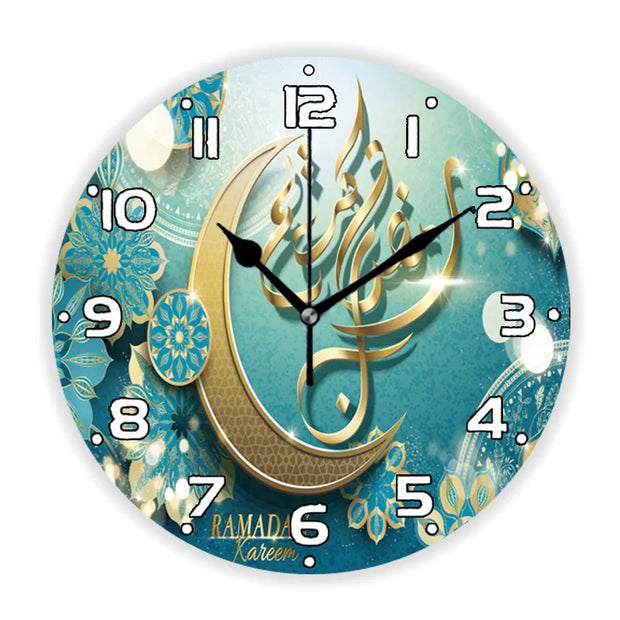 Luxury Golden Eid Mubarak Mosques and Fanoos Lanterns Wall Clock
