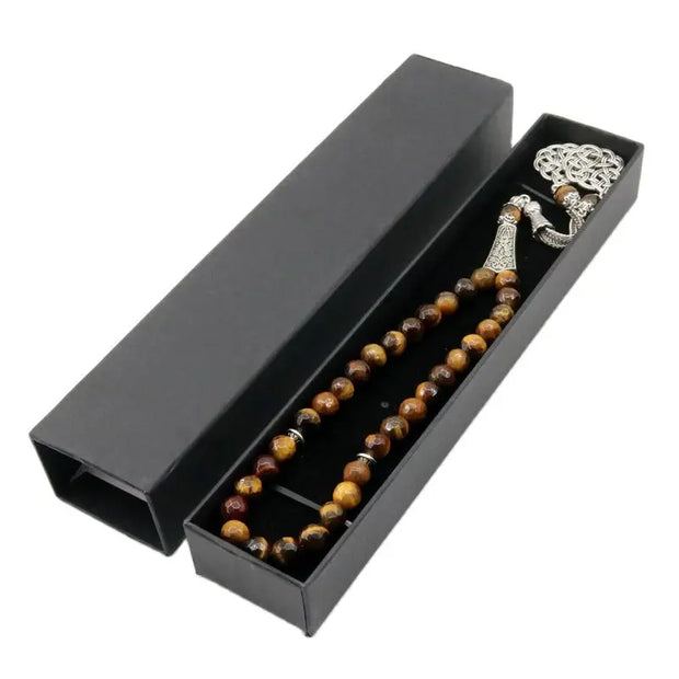 99 Tasbeeh Natural Tiger Eye Stone 8mm Beads Tasbih Islamic  Worship Tassel Allah  Box Packaging