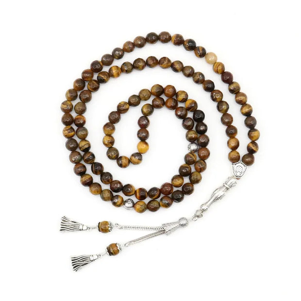 99 Tasbeeh Natural Tiger Eye Stone 8mm Beads Tasbih Islamic  Worship Tassel Allah  Box Packaging