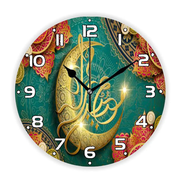 Luxury Golden Eid Mubarak Mosques and Fanoos Lanterns Wall Clock