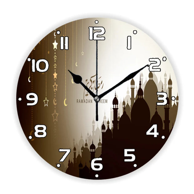 Luxury Golden Eid Mubarak Mosques and Fanoos Lanterns Wall Clock