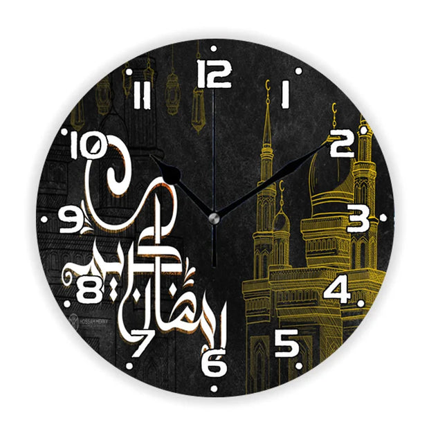 Luxury Golden Eid Mubarak Mosques and Fanoos Lanterns Wall Clock
