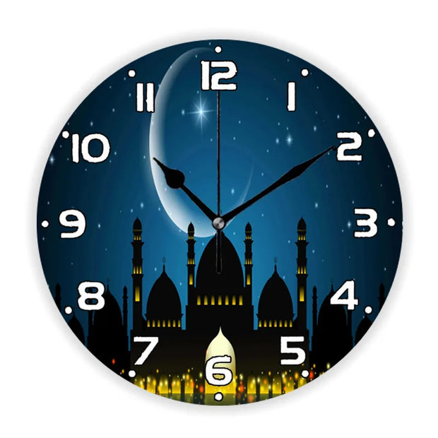 Luxury Golden Eid Mubarak Mosques and Fanoos Lanterns Wall Clock