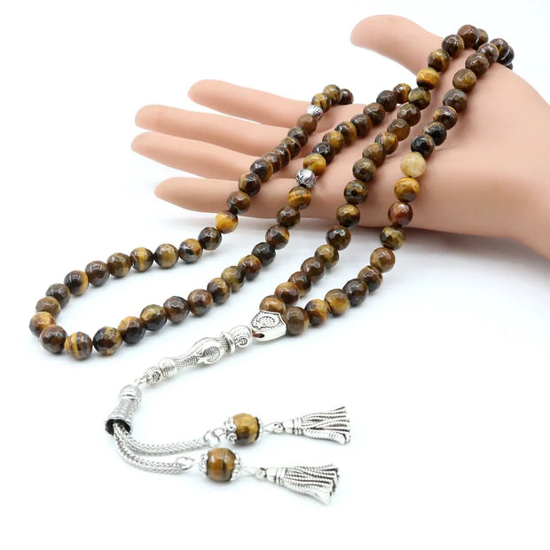99 Tasbeeh Natural Tiger Eye Stone 8mm Beads Tasbih Islamic  Worship Tassel Allah  Box Packaging