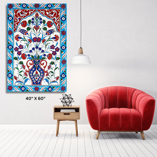Turkish Ottoman inspired textile Stretched Canvas  with Aqua and Red floral design