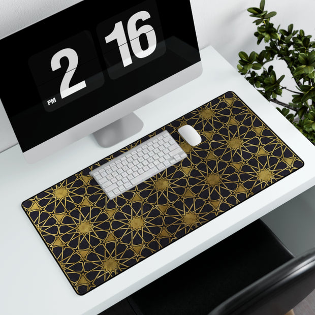Large desk mat with Gold Islamic Geometric Patterns.